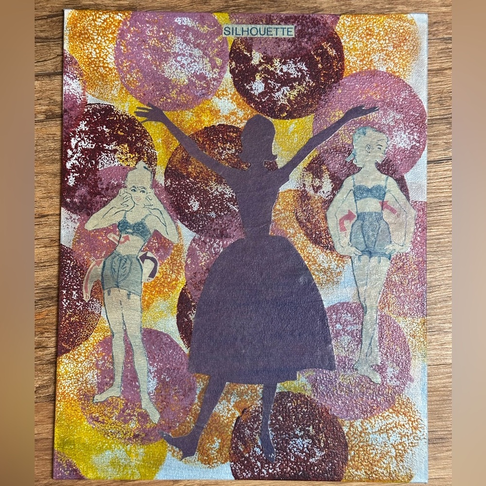 Vintage collage art on canvas panel 1940s magazine clippings signed pinup